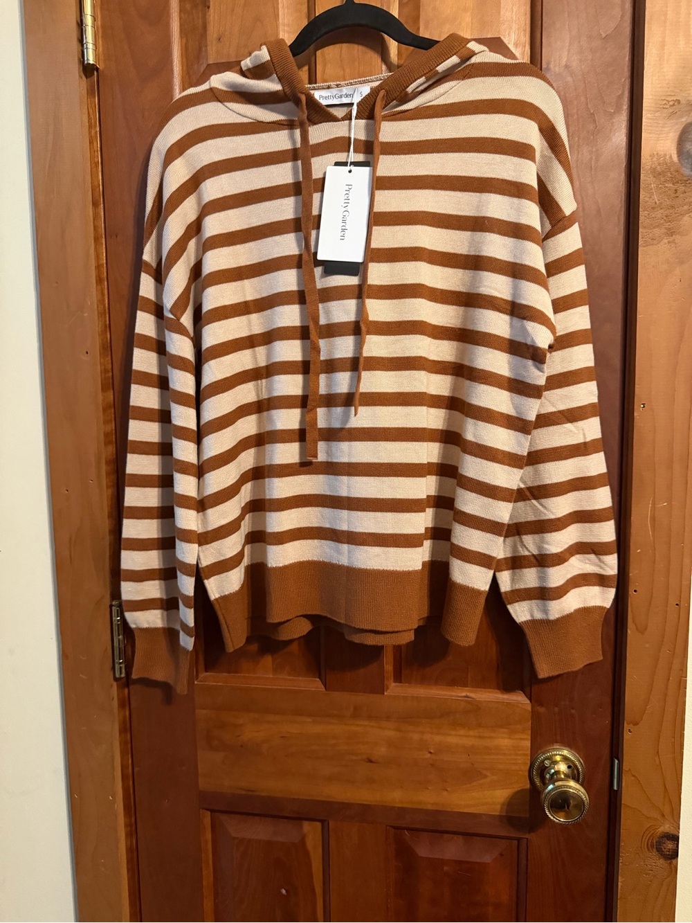 Point Sur Striped Scoop-Neck Hoodie Sweater in Cream and Brown
